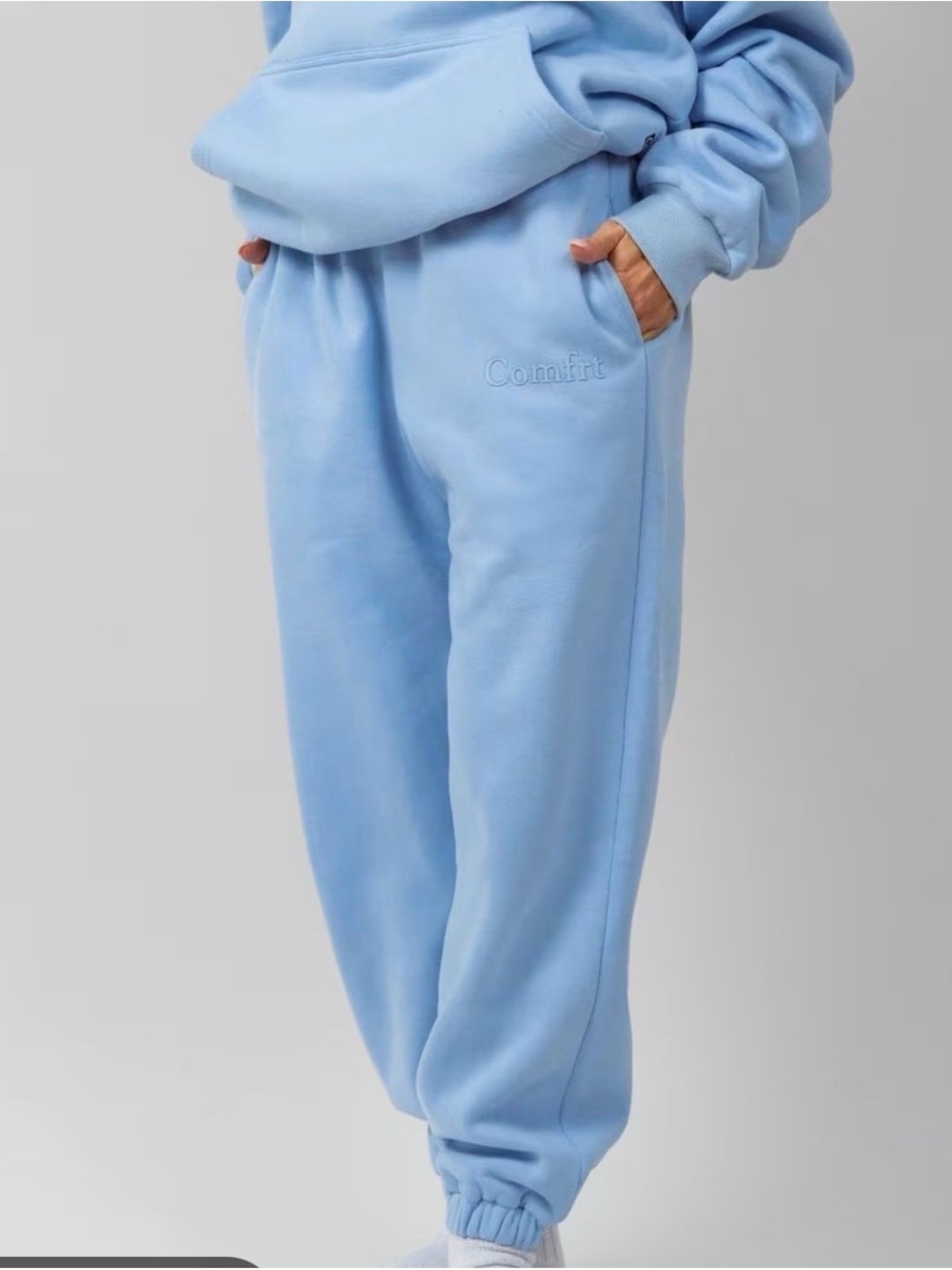 Comfrt Light Blue Unisex Fleece Joggers with elastic waist and cuff size XS